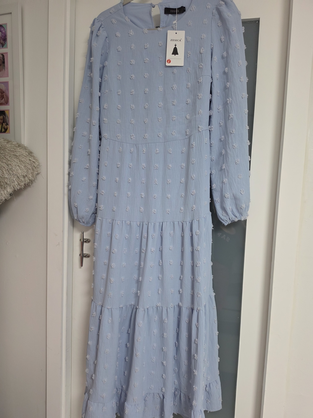 Light Blue Swiss Dot Tiered Long Sleeve Midi Dress - Picture 2 of 11